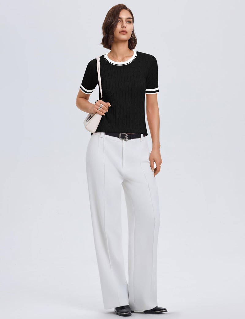 Micoson Womens Black and White Sweater Short Sleeve Summer Crew Neck Dressy Casual Soft Knit Pullover Tops Trendy Blouses L - Image 5