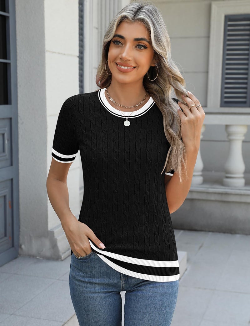 Micoson Womens Black and White Sweater Short Sleeve Summer Crew Neck Dressy Casual Soft Knit Pullover Tops Trendy Blouses L - Image 2