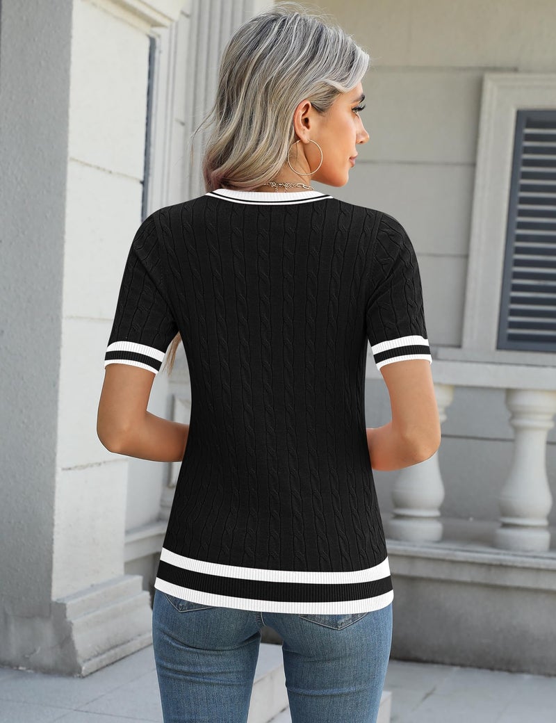 Micoson Womens Black and White Sweater Short Sleeve Summer Crew Neck Dressy Casual Soft Knit Pullover Tops Trendy Blouses L - Image 3