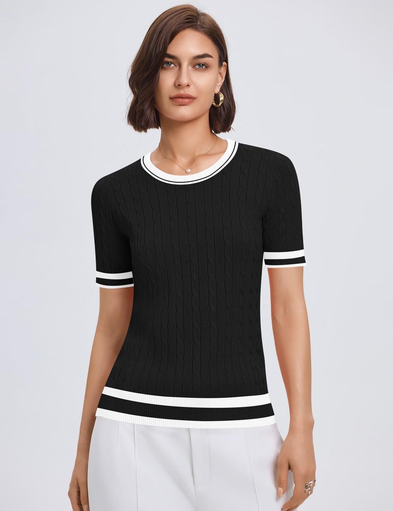 Micoson Womens Black and White Sweater Short Sleeve Summer Crew Neck Dressy Casual Soft Knit Pullover Tops Trendy Blouses L - Image 4