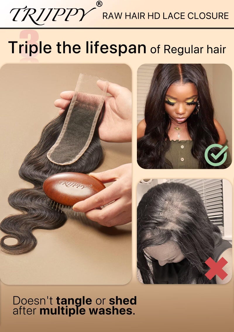 Triippy Raw Hair 2x6 HD Lace Closure Body Wave More Less Shedding than Regular Virgin Hair, 0.10mm Ultra-Thin 2x6 Swiss Real HD Lace with 100% Raw Cambodian Human Hair 14 Inches - Image 3