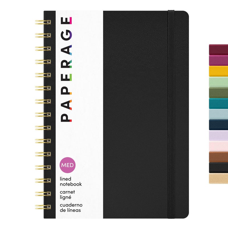 PAPERAGE Lined Spiral Journal Notebook, (Black), 160 Pages, Hardcover Journal for Women & Men, Medium 5.5 in x 8 in - 100 GSM, Thick Paper, Spiral Notebook for Work, School & Journaling - Image 1