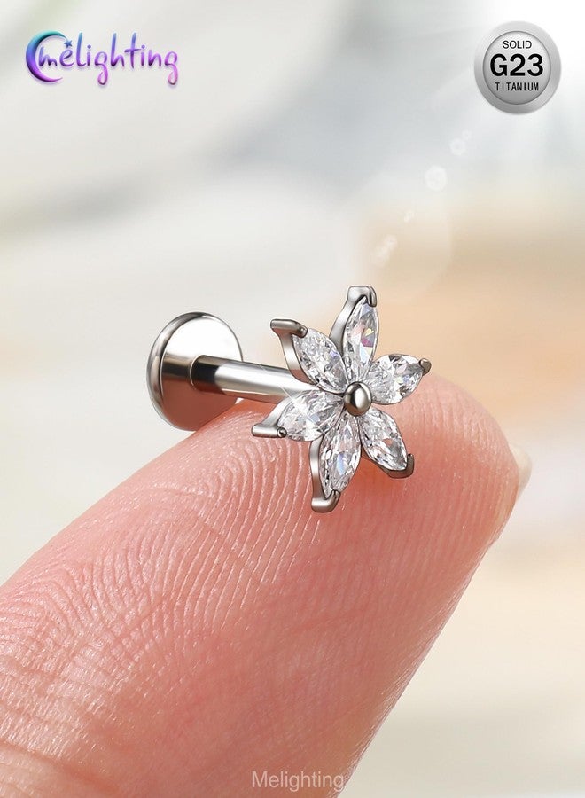 Melighting 16G Titanium G23 Flower Helix Flat Back Earring, Internally Threaded Hoop Cartilage Ring Stud, Marquise CZ Lotus Conch Lip Labret Tragus Piercing Jewelry for Women 8 mm - Image 2