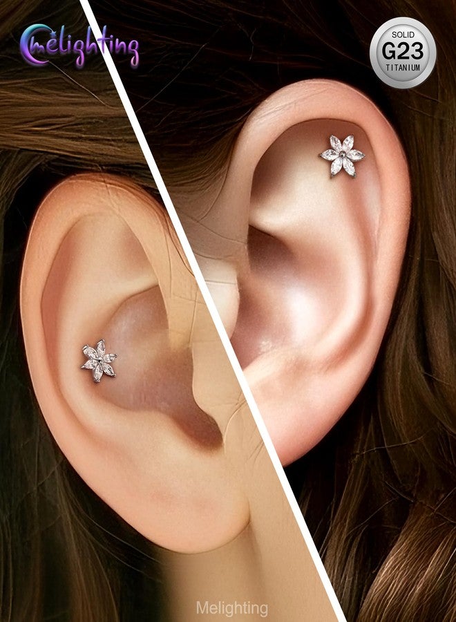 Melighting 16G Titanium G23 Flower Helix Flat Back Earring, Internally Threaded Hoop Cartilage Ring Stud, Marquise CZ Lotus Conch Lip Labret Tragus Piercing Jewelry for Women 8 mm - Image 5
