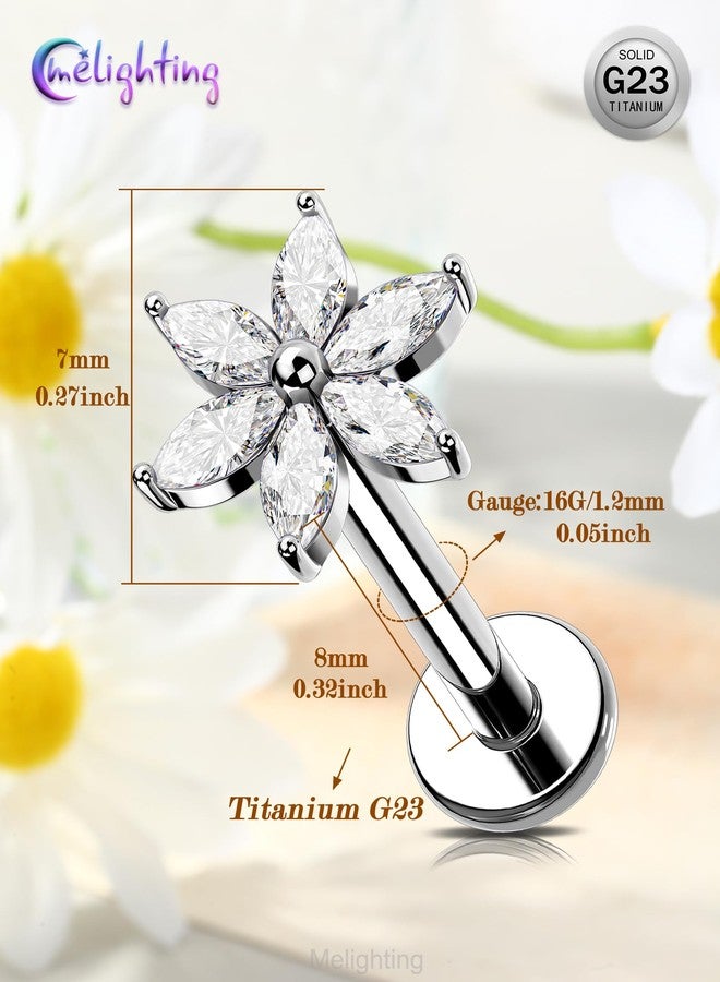 Melighting 16G Titanium G23 Flower Helix Flat Back Earring, Internally Threaded Hoop Cartilage Ring Stud, Marquise CZ Lotus Conch Lip Labret Tragus Piercing Jewelry for Women 8 mm - Image 4