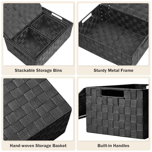 Uvellgift Storage Bins Baskets for Organizing with Lids, Storage Baskets for Shelves Stackable Woven Basket, Gift Small Basket Storage Cubes, Decorative Wicker Basket with Built-in Handles (5 Pack, Black) - Image 4