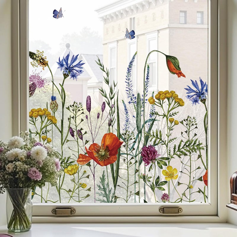 ADD.HERES Window Privacy Film, Colorful Floral Window Stickers, Removable DIY Bouquet Static Clings, Decals for Home School Office Party Supplies, Butterfly Among The Flowers, 17.5 x 78.7 in - Image 3