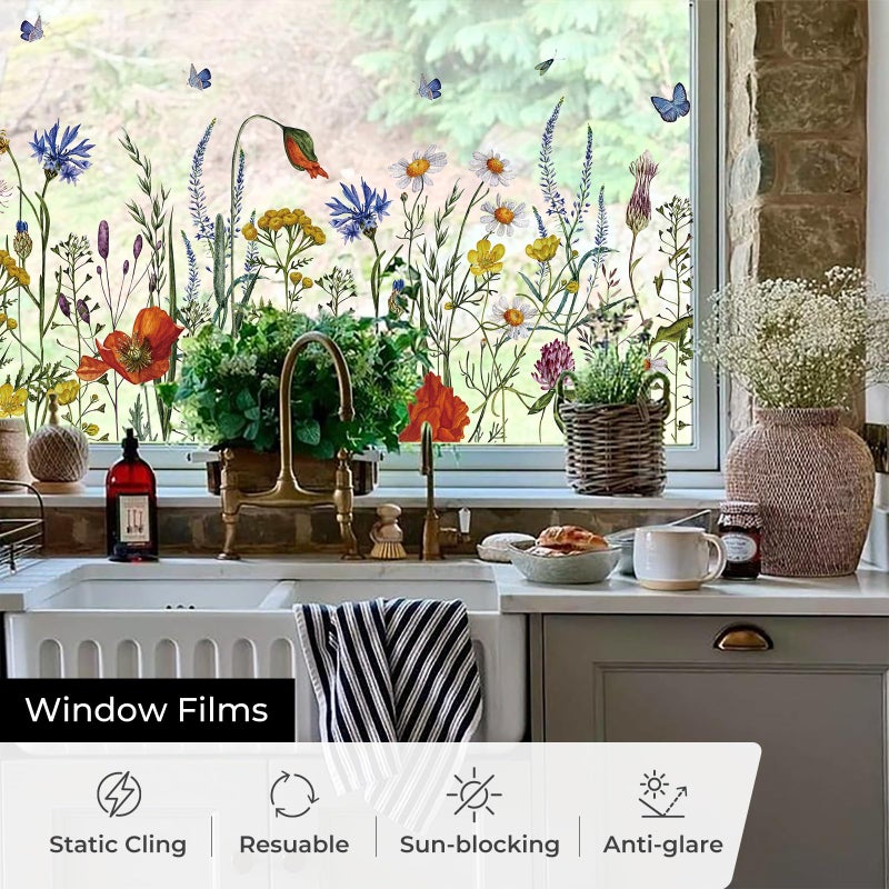 ADD.HERES Window Privacy Film, Colorful Floral Window Stickers, Removable DIY Bouquet Static Clings, Decals for Home School Office Party Supplies, Butterfly Among The Flowers, 17.5 x 78.7 in - Image 4
