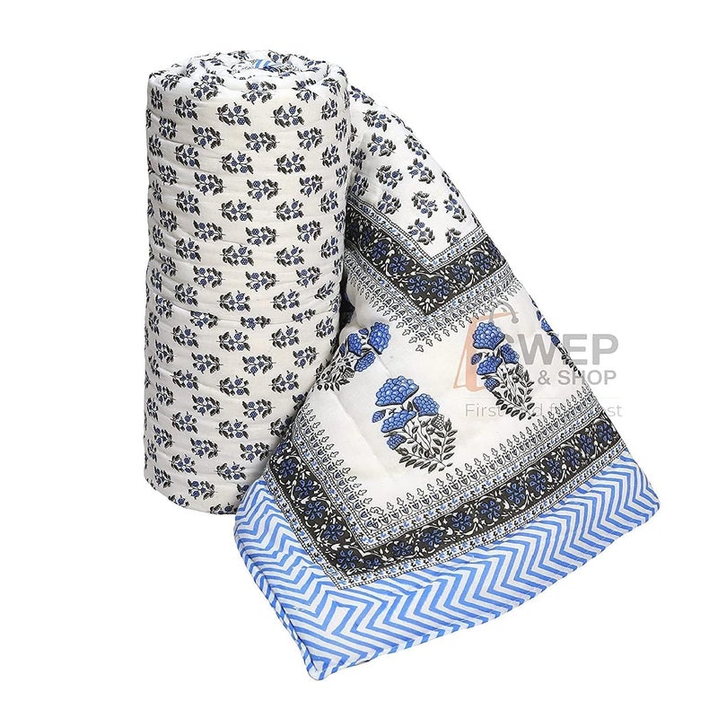 AARMOZY Jaipuri Pure Cotton Razai Floral Printed Traditional Rajasthani Light Weight Quilt Single Bed Multi Color Rajai Variations (Size 55 x 85 inch) (Blue B) - Image 1