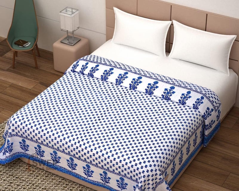 AARMOZY Jaipuri Pure Cotton Razai Floral Printed Traditional Rajasthani Light Weight Quilt Single Bed Multi Color Rajai Variations (Size 55 x 85 inch) (Blue B) - Image 4
