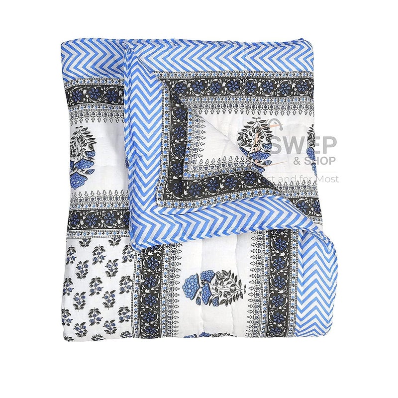 AARMOZY Jaipuri Pure Cotton Razai Floral Printed Traditional Rajasthani Light Weight Quilt Single Bed Multi Color Rajai Variations (Size 55 x 85 inch) (Blue B) - Image 2