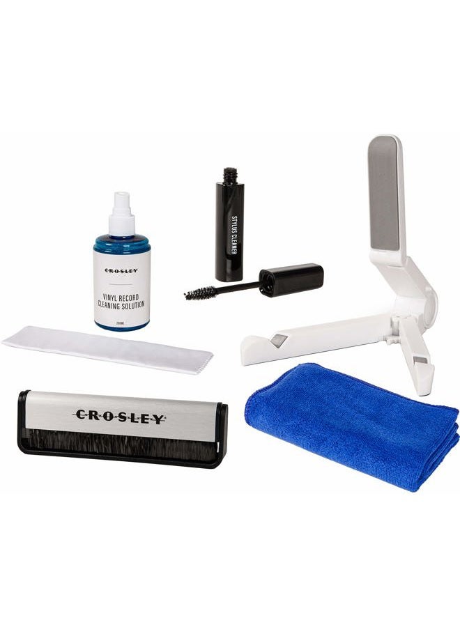 Crosley AC1024A 5-in-1 Record Cleaning Kit with Carbon Fiber Brush, Microfiber Cloth, Stylus Cleaner, Cleaning Solution, and Record Stand - Image 1