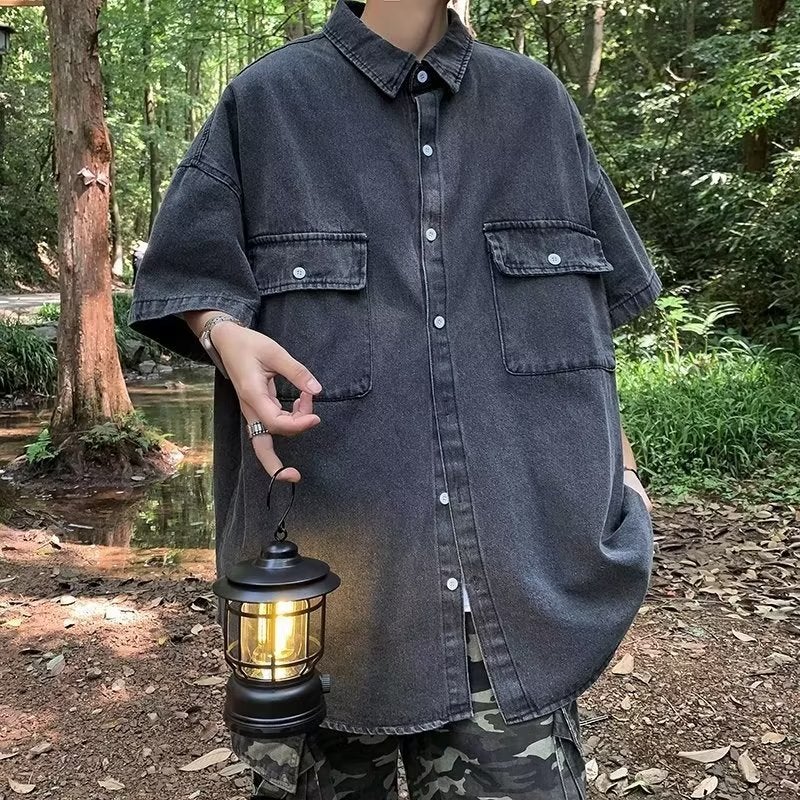 American retro workwear Denim shirt short sleeve mens summer 2023 New ins fashion brand half sleeve shirt jacket Black and gray  - Image 1