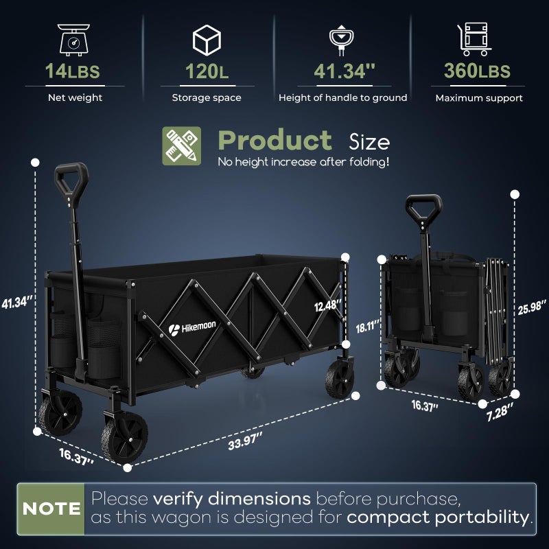 Hikemoon 34'' Extra Long Collapsible Wagons Carts Foldable, 360LBS Heavy Duty Folding Beach Wagon Cart with Wheels, Portable Utility Outdoor Wagon for Grocery, Shopping, Garden, Sports, Camping, Black - Image 4