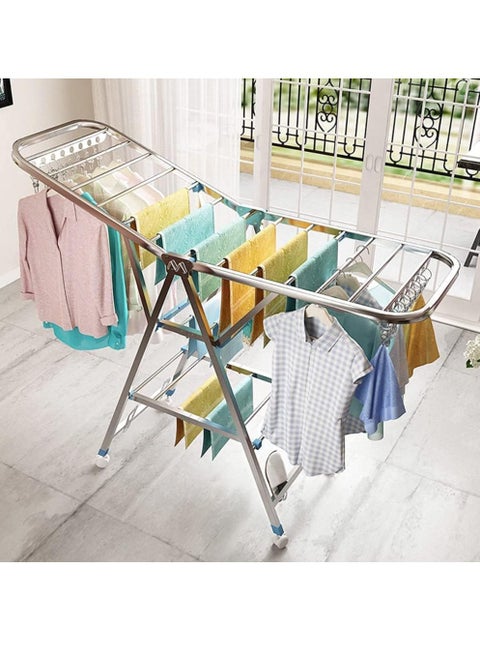 Cloth Drying Stand Rack Clothes Dryer Laundry Hanger Stand Folding 3 Tier 150cm Length with Rolling Wheel Foldable Stable Space Saving for Drying Clothing Indoor and Outdoor