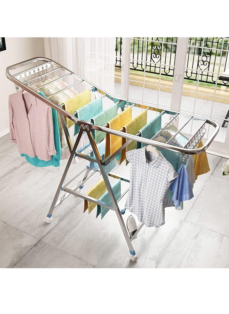 DUSALA - Cloth Drying Stand Rack Clothes Dryer Laundry Hanger Stand Folding 3 Tier 150cm Length with Rolling Wheel Foldable Stable Space Saving for Drying Clothing Indoor and Outdoor - Image 1