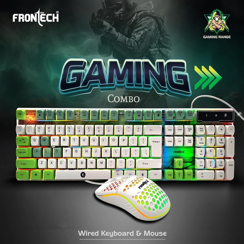 FRONTECH Wired Nova Knight Gaming Keyboard & Mouse Set | LED Rainbow Backlit | 104 Keys | USB Plug & Play | Up to 1600 DPI Mouse | Durable Build | (KB-0045, White + Green) - Image 2