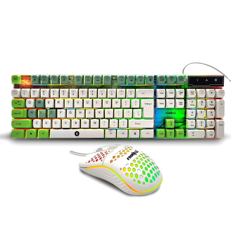FRONTECH Wired Nova Knight Gaming Keyboard & Mouse Set | LED Rainbow Backlit | 104 Keys | USB Plug & Play | Up to 1600 DPI Mouse | Durable Build | (KB-0045, White + Green) - Image 1