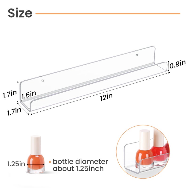 upsimples 6 Pack Clear Acrylic Shelves, 1.7" x12" Clear Wall Shelves for Nail Polish, Vinyl Wall Mount, Record Holder, Magazine Rack, Comic Display, Picture Ledge Shelf DÃ©cor - Image 2