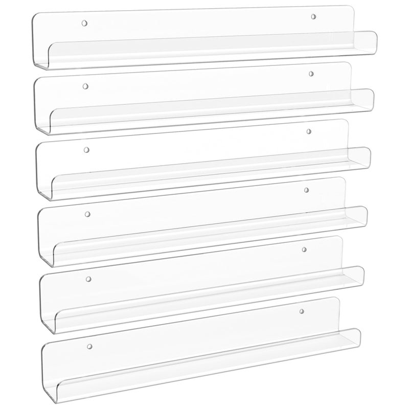 upsimples 6 Pack Clear Acrylic Shelves, 1.7" x12" Clear Wall Shelves for Nail Polish, Vinyl Wall Mount, Record Holder, Magazine Rack, Comic Display, Picture Ledge Shelf DÃ©cor - Image 1