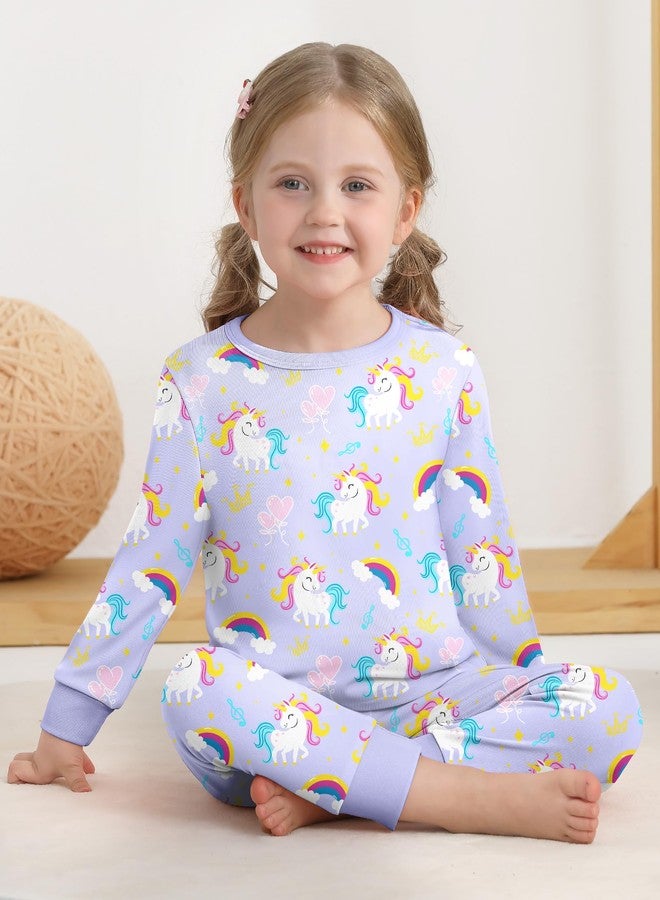 Mikrdoo 4T Pajamas Girls 2Piece Long Sleeve Fall & Winter PJs Kids Soft Sleepwear, Lavneder Unicorn, 4T - Image 2