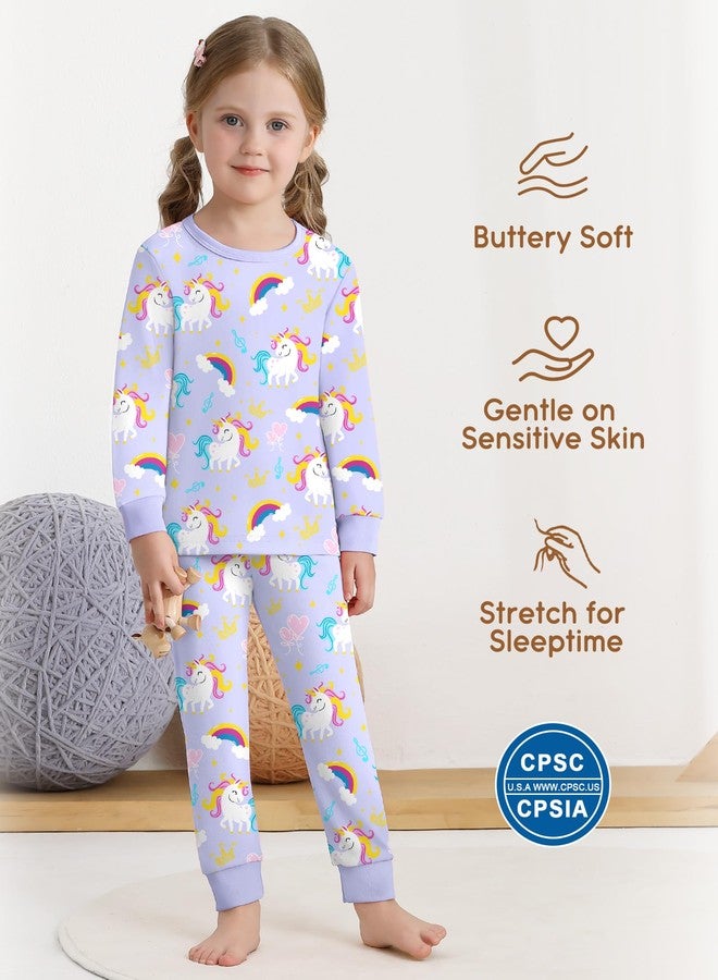 Mikrdoo 4T Pajamas Girls 2Piece Long Sleeve Fall & Winter PJs Kids Soft Sleepwear, Lavneder Unicorn, 4T - Image 4
