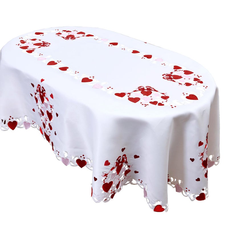 Grelucgo Embroidered Decorative Tablecloth for February 14th Valentine's Day, White with Red and Pink Hearts Pattern (Oval 57x84 inches) - Image 1