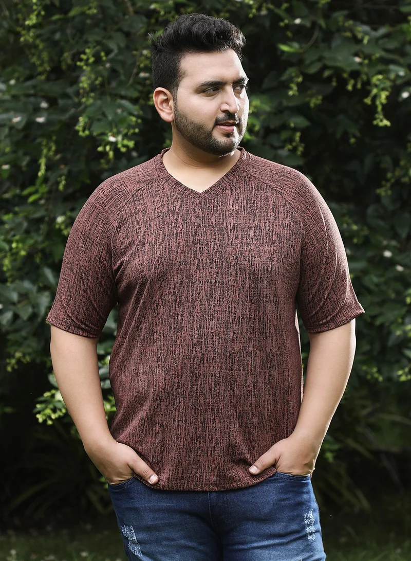 Instafab Plus Men's Brown & Black Contrast-Heathered Knitted T-Shirt For Casual Wear | V-Neck | Short Regular Sleeves | Pull On Closure | Plus Size T-Shirt Crafted With Comfort Fit For Everyday Wear