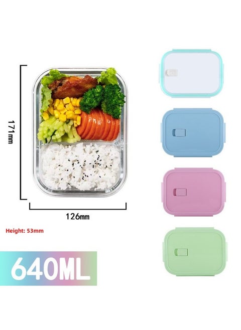 Rectangular Glass Preservation Bowl Microwave Heating Lunch Box Transparent Glass Lunch Box Round Lunch Box Glass-Specifications:Long Two Separated 640ML-Color:fresh Blue