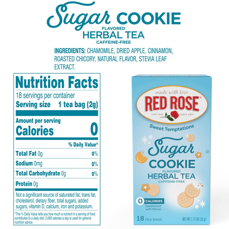 Red Rose Sweet Temptations Dessert Tea Sugar Cookie, Zero Carbs, Zero Sugar Bursting with Flavor Caffeine-Free Delicious Beverage Herbal Tea, 18 Count Pack of 6 Fruit Naturally Flavored Herbal Tea - Image 5