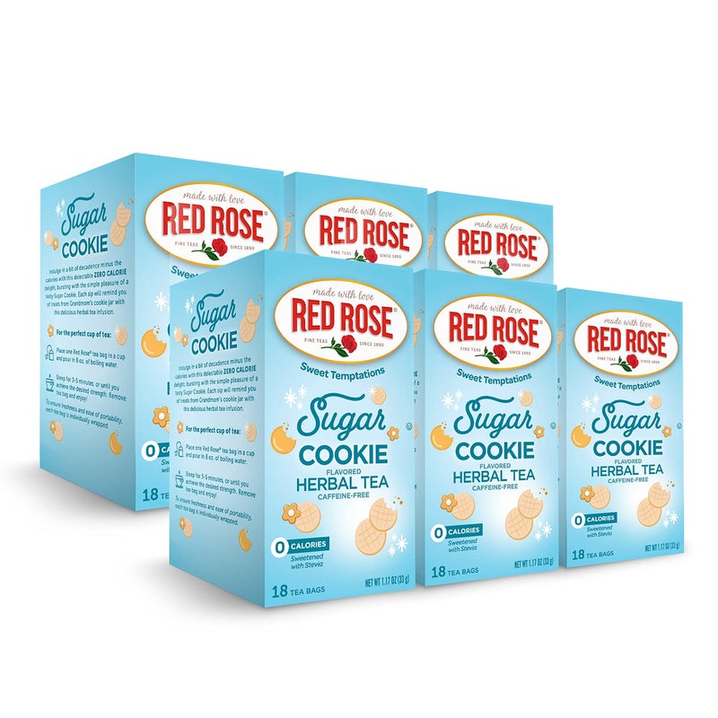 Red Rose Sweet Temptations Dessert Tea Sugar Cookie, Zero Carbs, Zero Sugar Bursting with Flavor Caffeine-Free Delicious Beverage Herbal Tea, 18 Count Pack of 6 Fruit Naturally Flavored Herbal Tea - Image 1
