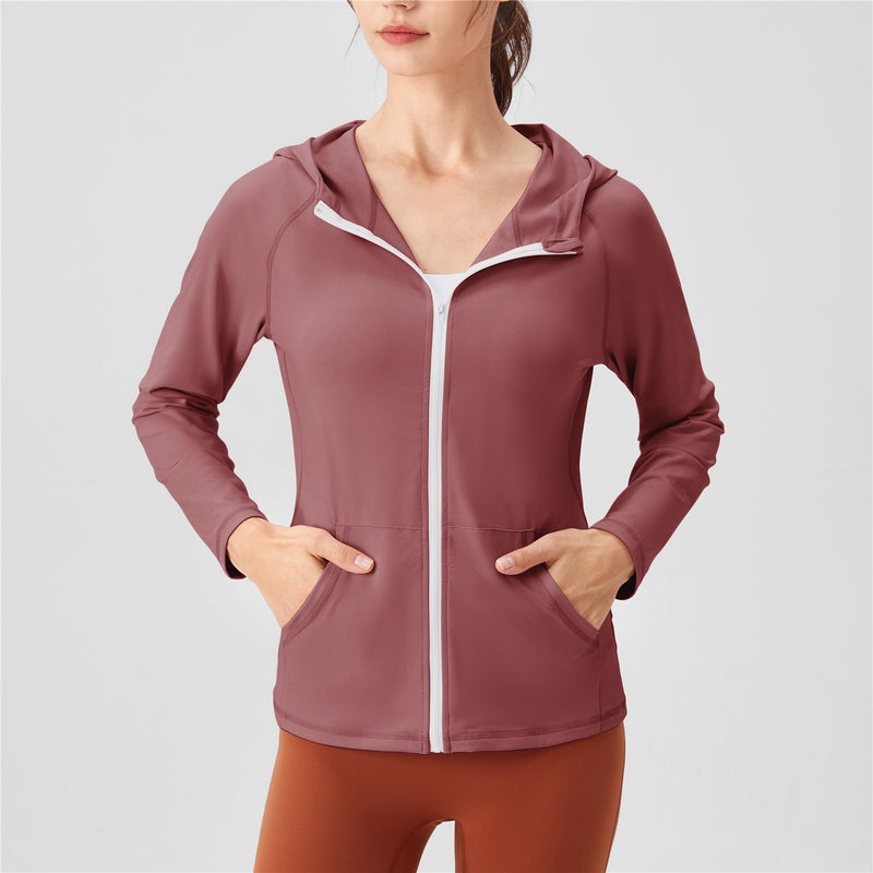 Women's hooded sports jacket with full zipper pockets, slim fit and slimming yoga suit jacket, quick drying running fitness suit - Image 1