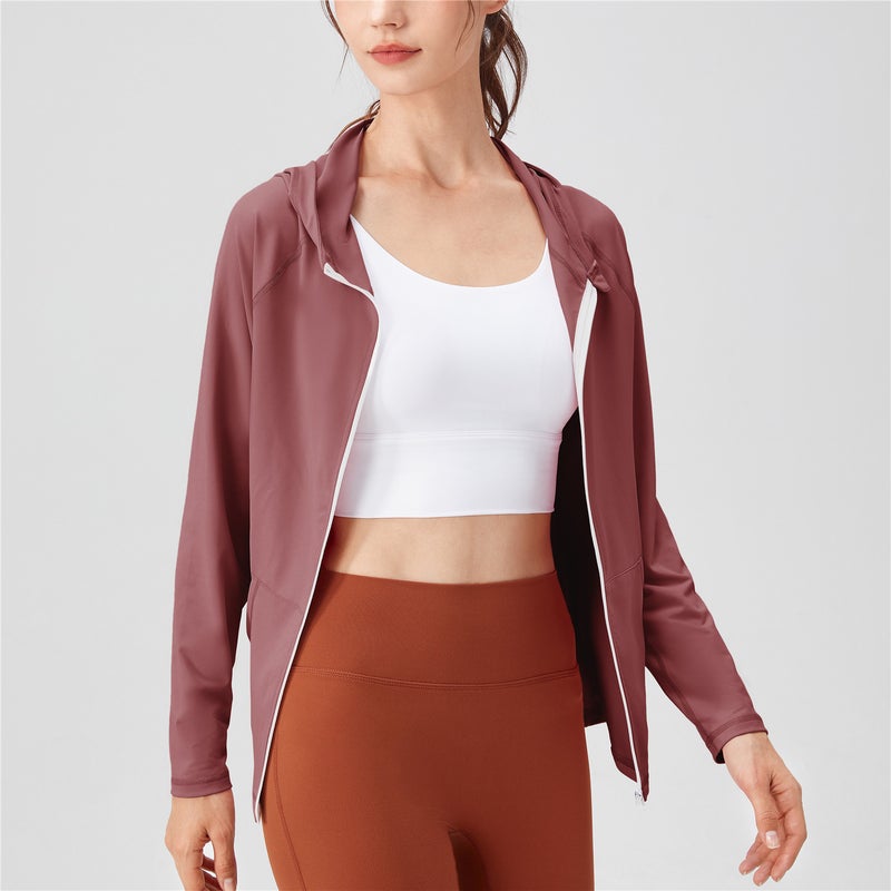 Women's hooded sports jacket with full zipper pockets, slim fit and slimming yoga suit jacket, quick drying running fitness suit - Image 4