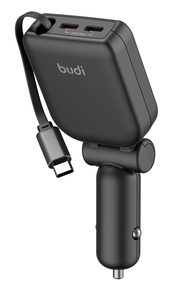 بودي شاحن سيارة مزود بكابل USB-C قابل للسحب بطول 72 سم، قدرة 50 واط وشحن سريع عبر 3 منافذ (PD 30 واط + PD 20 واط)، يدعم شحن 3 أجهزة، قابل للدوران بزاوية 180 درجة، لون أسود. - Image 1