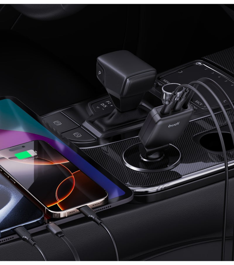 بودي شاحن سيارة مزود بكابل USB-C قابل للسحب بطول 72 سم، قدرة 50 واط وشحن سريع عبر 3 منافذ (PD 30 واط + PD 20 واط)، يدعم شحن 3 أجهزة، قابل للدوران بزاوية 180 درجة، لون أسود. - Image 2