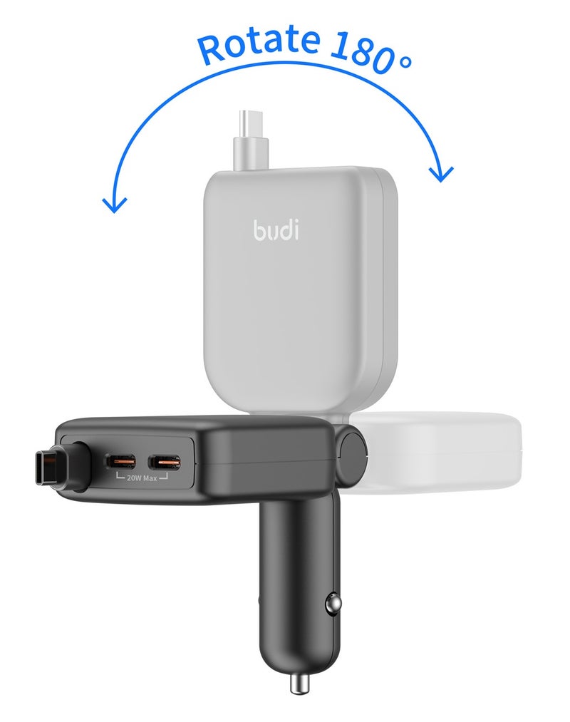 بودي شاحن سيارة مزود بكابل USB-C قابل للسحب بطول 72 سم، قدرة 50 واط وشحن سريع عبر 3 منافذ (PD 30 واط + PD 20 واط)، يدعم شحن 3 أجهزة، قابل للدوران بزاوية 180 درجة، لون أسود. - Image 3