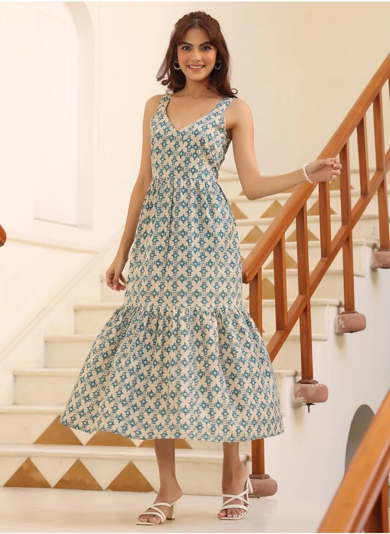 كولابا Beige Cotton Printed V-Neck Dress