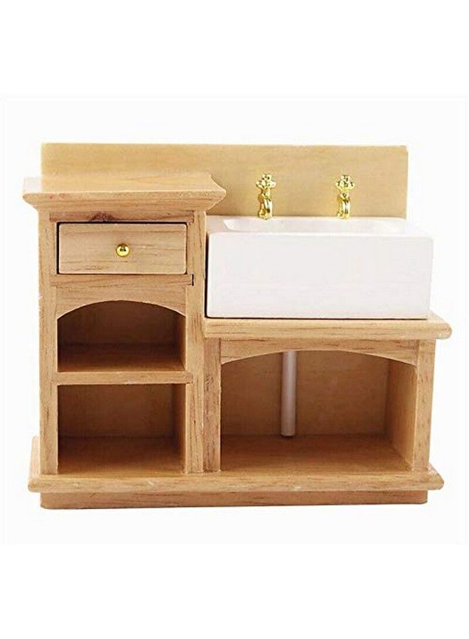 EatingBiting Doll House Bathroom Kitchen Decor Sink 1/12 Wooden Wash Basin Cabinet With Ceramic Hand Sink For Dollhouse Bathroom Kitchen Decoration Accessories - Image 3