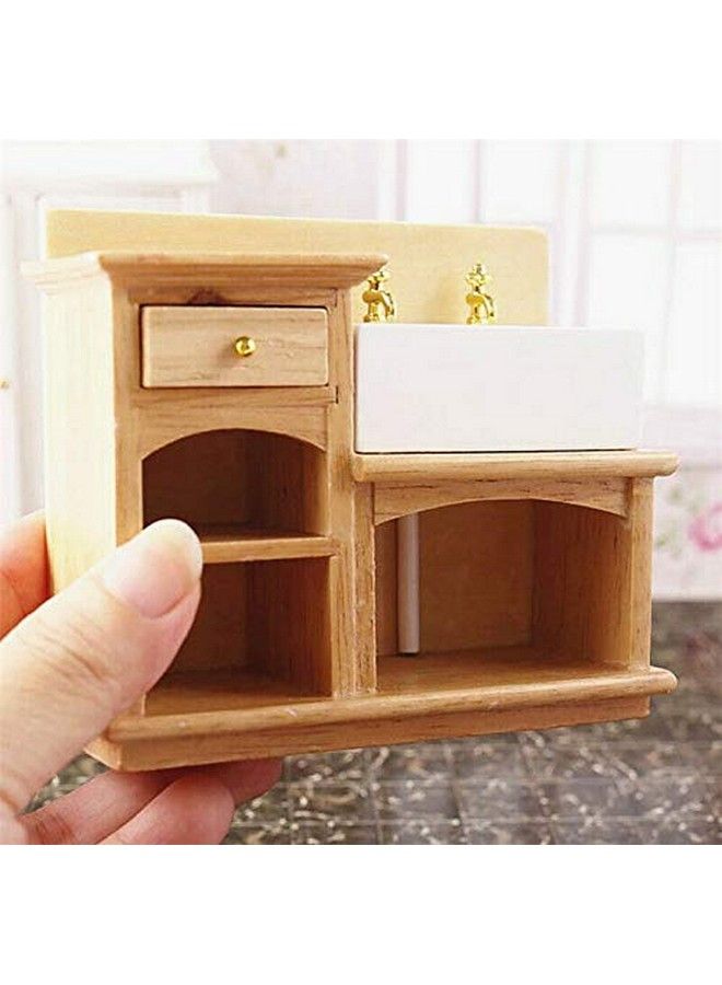 EatingBiting Doll House Bathroom Kitchen Decor Sink 1/12 Wooden Wash Basin Cabinet With Ceramic Hand Sink For Dollhouse Bathroom Kitchen Decoration Accessories - Image 1