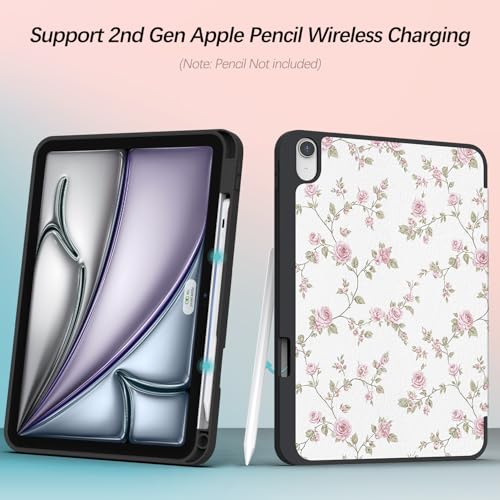 Xkladz Case for iPad Air 11 inch M3/M2 (2025/2024), iPad Air 5th / 4th Generation (2022/2020) 10.9 inch, Cover with Pencil Holder, Auto Sleep/Wake, Cute Design Pattern for Girs Women, Pink Flowers - Image 2