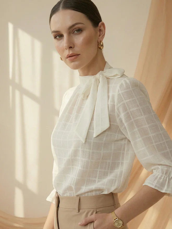 Mish White Grid Pattern Tie-Up Neck Top