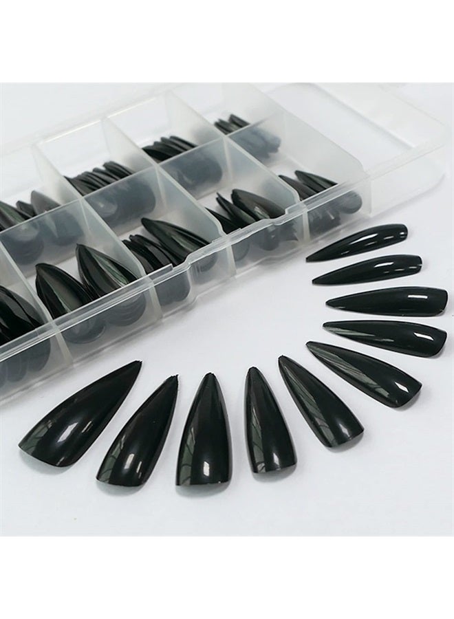 LifexTol Glossy Fake Nail 100pc Full Cover Acrylic Black Long Stiletto Press on Nails art Tips False Nail for Beginner Women and Girls Manicure(Black)