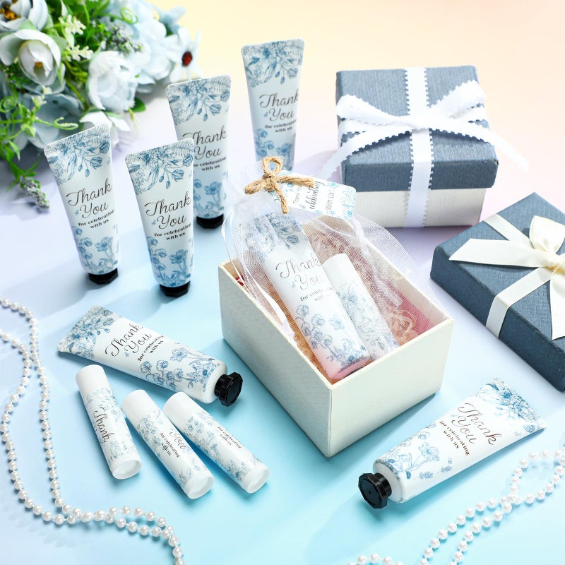 Swiffen 48 Sets 192 Pcs Blue Flower Baby Bridal Shower Hand Cream and Lip Balm Baby Shower Gifts for Guests Bridal Wedding Party Favor Bulk with Thank You Card Organza Bags Travel Size for Wedding - Image 2