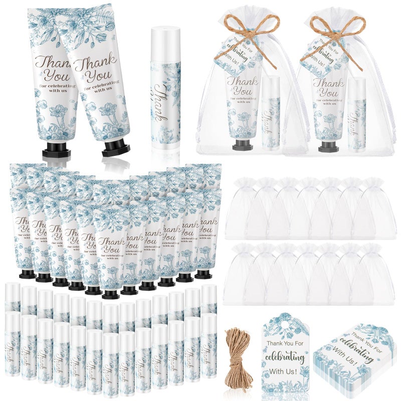 Swiffen 48 Sets 192 Pcs Blue Flower Baby Bridal Shower Hand Cream and Lip Balm Baby Shower Gifts for Guests Bridal Wedding Party Favor Bulk with Thank You Card Organza Bags Travel Size for Wedding - Image 1