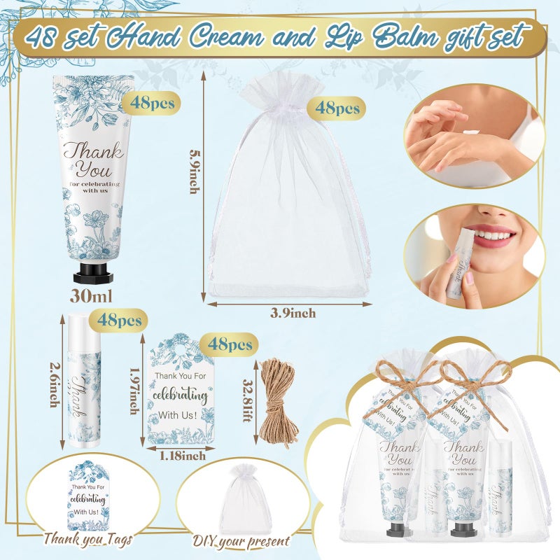 Swiffen 48 Sets 192 Pcs Blue Flower Baby Bridal Shower Hand Cream and Lip Balm Baby Shower Gifts for Guests Bridal Wedding Party Favor Bulk with Thank You Card Organza Bags Travel Size for Wedding - Image 3