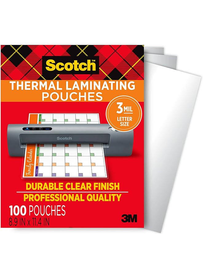 Scotch  Thermal Laminating Pouches 100 Pack Laminating Sheets 3 Mil 8.9 X 11.4 Inches Education Supplies And Craft Supplies For Use With Thermal Laminators Letter Size Sheets Tp3854 100 - Image 1