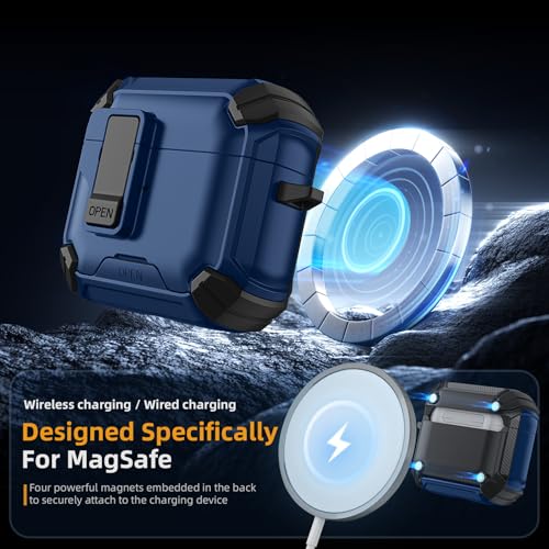 Meliya for AirPods 4th Generation Case with Magnetic Automatic Lock with Phone Stand & Cleaning Kit, Compatible with MagSafe, Rugged Shell Shockproof Protective Cover for AirPods 4 - Dark Blue - Image 5