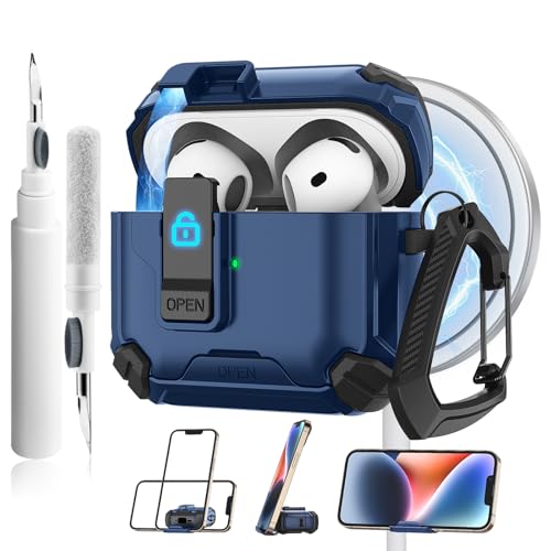 Meliya for AirPods 4th Generation Case with Magnetic Automatic Lock with Phone Stand & Cleaning Kit, Compatible with MagSafe, Rugged Shell Shockproof Protective Cover for AirPods 4 - Dark Blue - Image 1