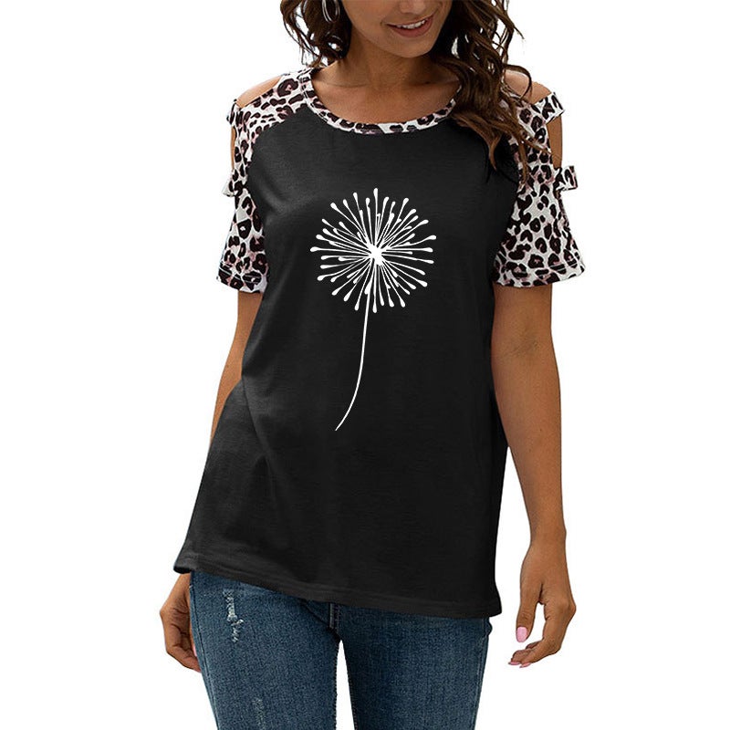 Women'S Round Neck Dandelion Print Stitching Leopard Print Casual Hollow Short Sleeve T-Shirt - Image 4