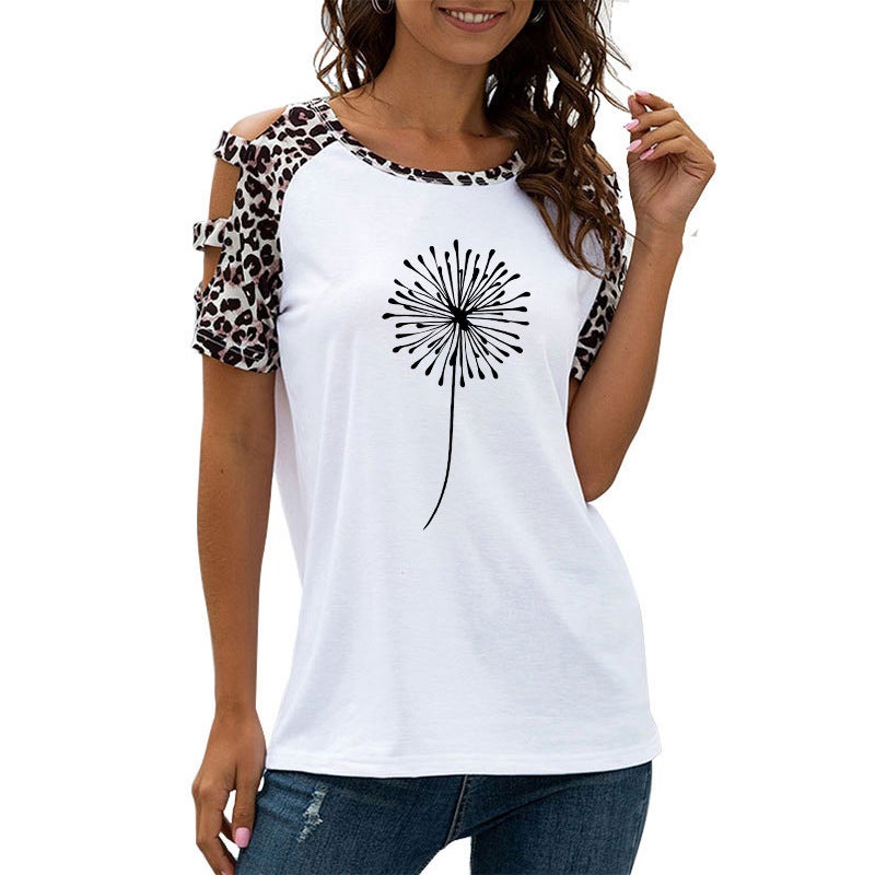 Women'S Round Neck Dandelion Print Stitching Leopard Print Casual Hollow Short Sleeve T-Shirt - Image 1